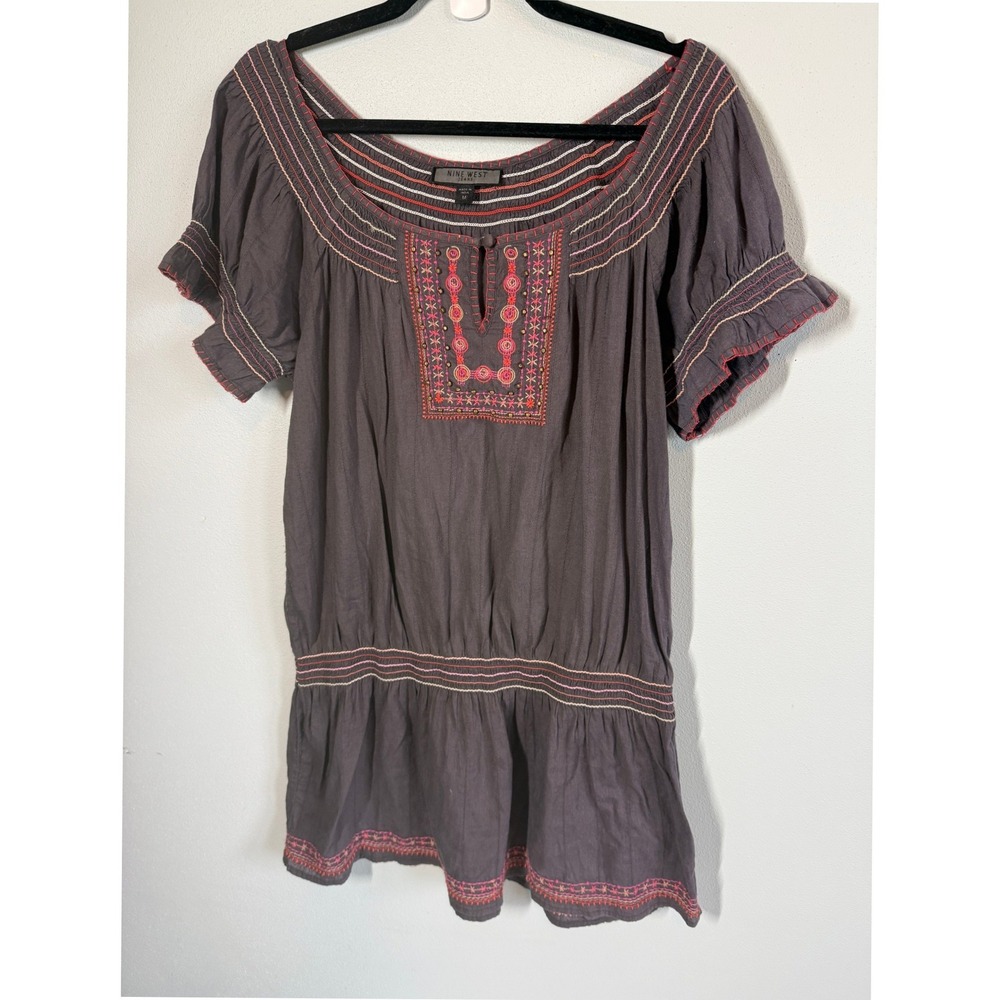 Nine West Womens Mini Dress Size M Gray Embroidered Peasant Boho Smocked Peasant